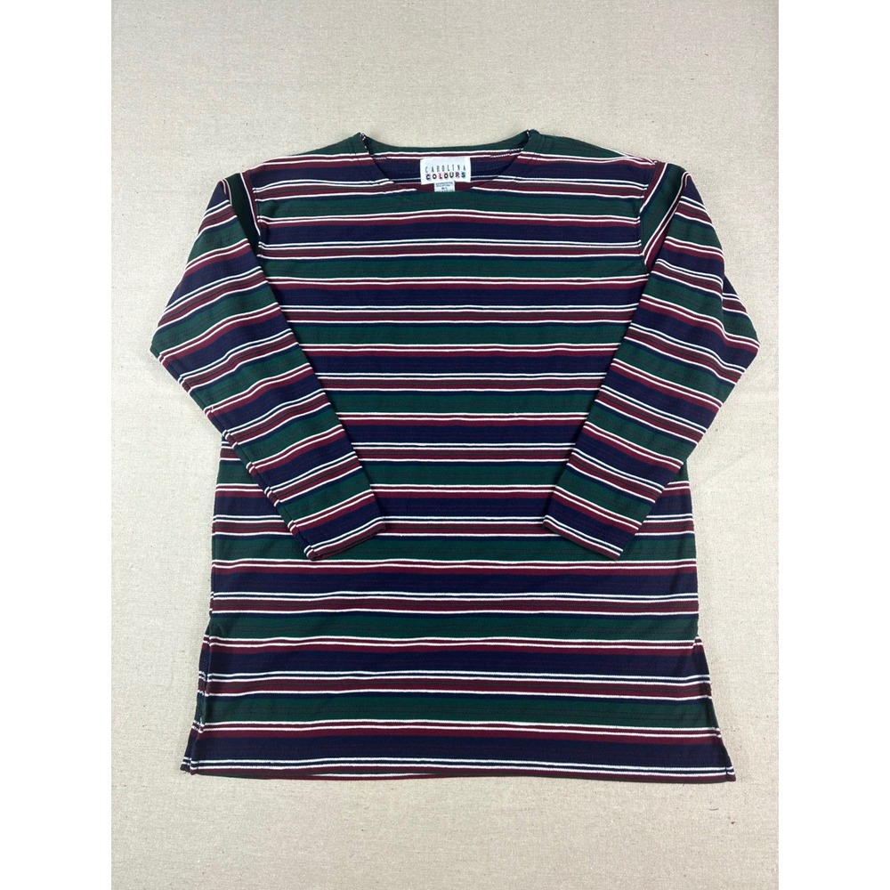 Carolina Colours Striped Shirt Womens M/L Green Burgundy Good Long Sleeve Slit